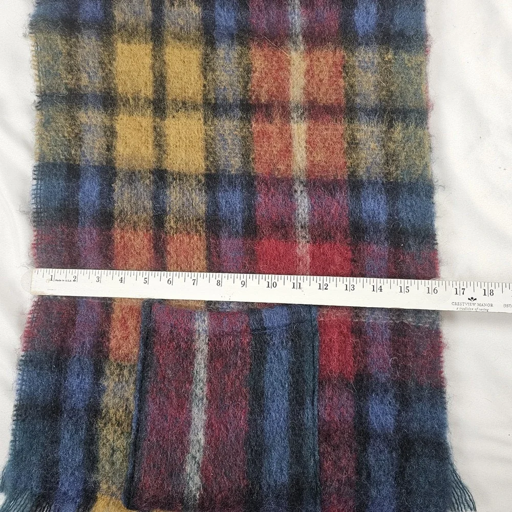 Vtg Highland Home Ind Mohair Wool Shawl Pockets Red‎ Yellow Plaid Scarf  16 X 74